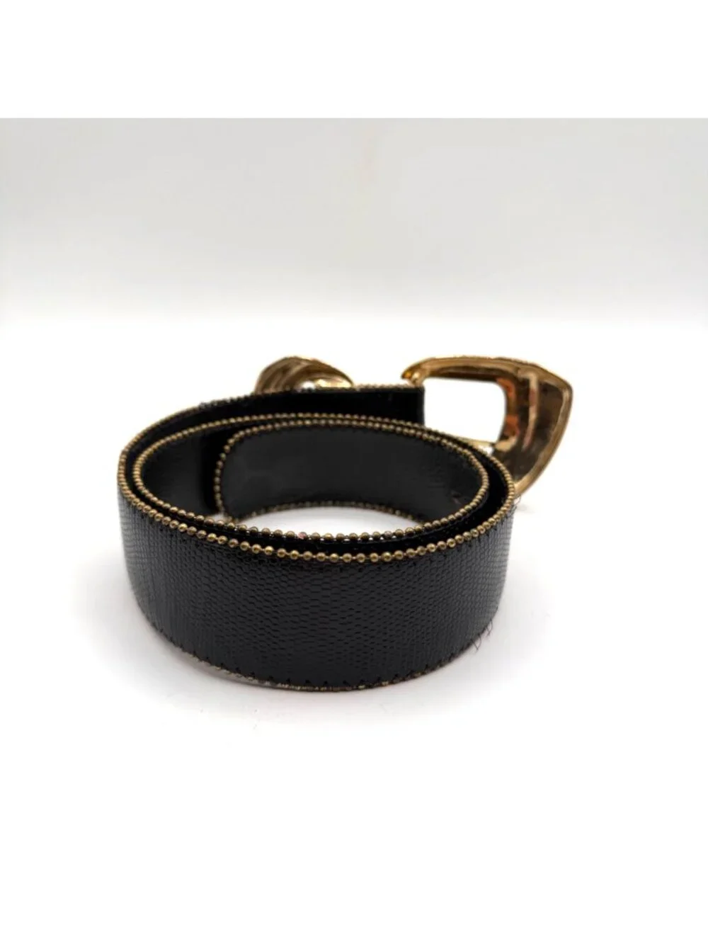 Vintage Kandell & Marcus Black Genuine Leather Belt Chunky Brass Buckle Size S
